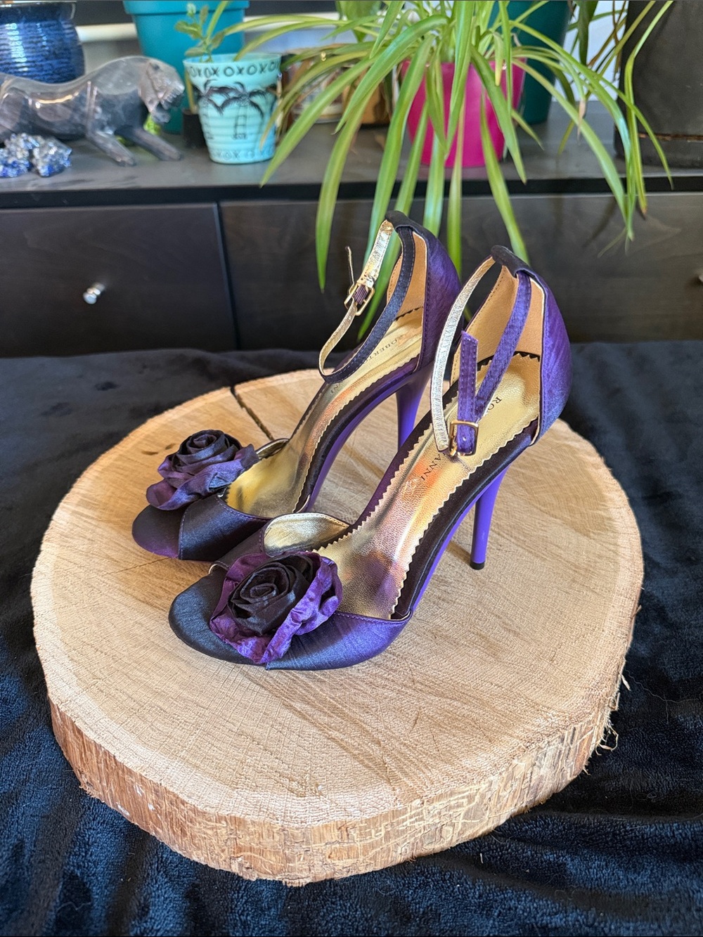Purple Satin Peep-Toe Stiletto Heels with Floral Accent